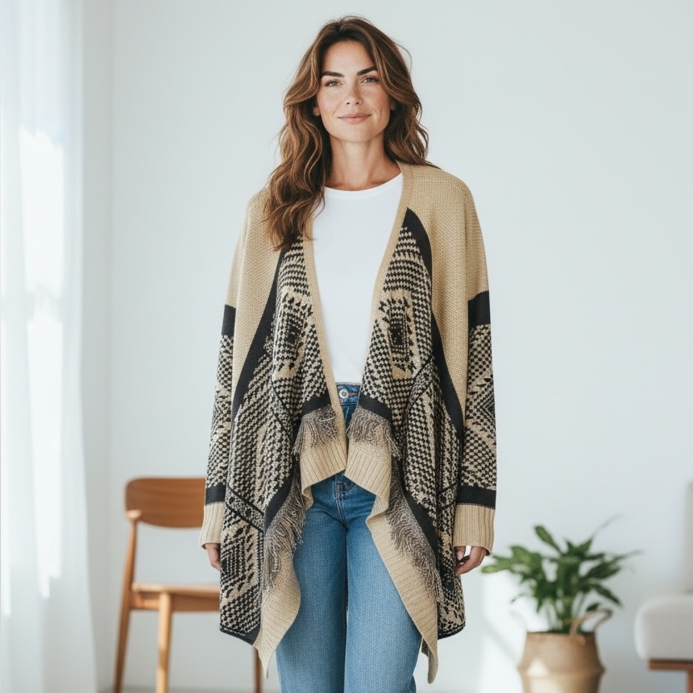 D&Co Canyon Retreat Cardigan L Beige Black Geometric Fringe Open Front Sweater